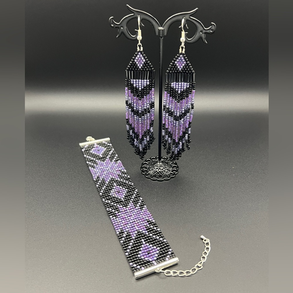 Loom Beaded Bracelet and Fringe Earrings Set